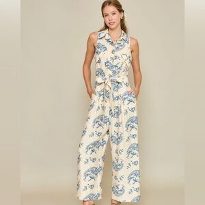 Umgee Blue Paisley Collared Soft Feminine Sleeveless Wide Leg Jumpsuit
